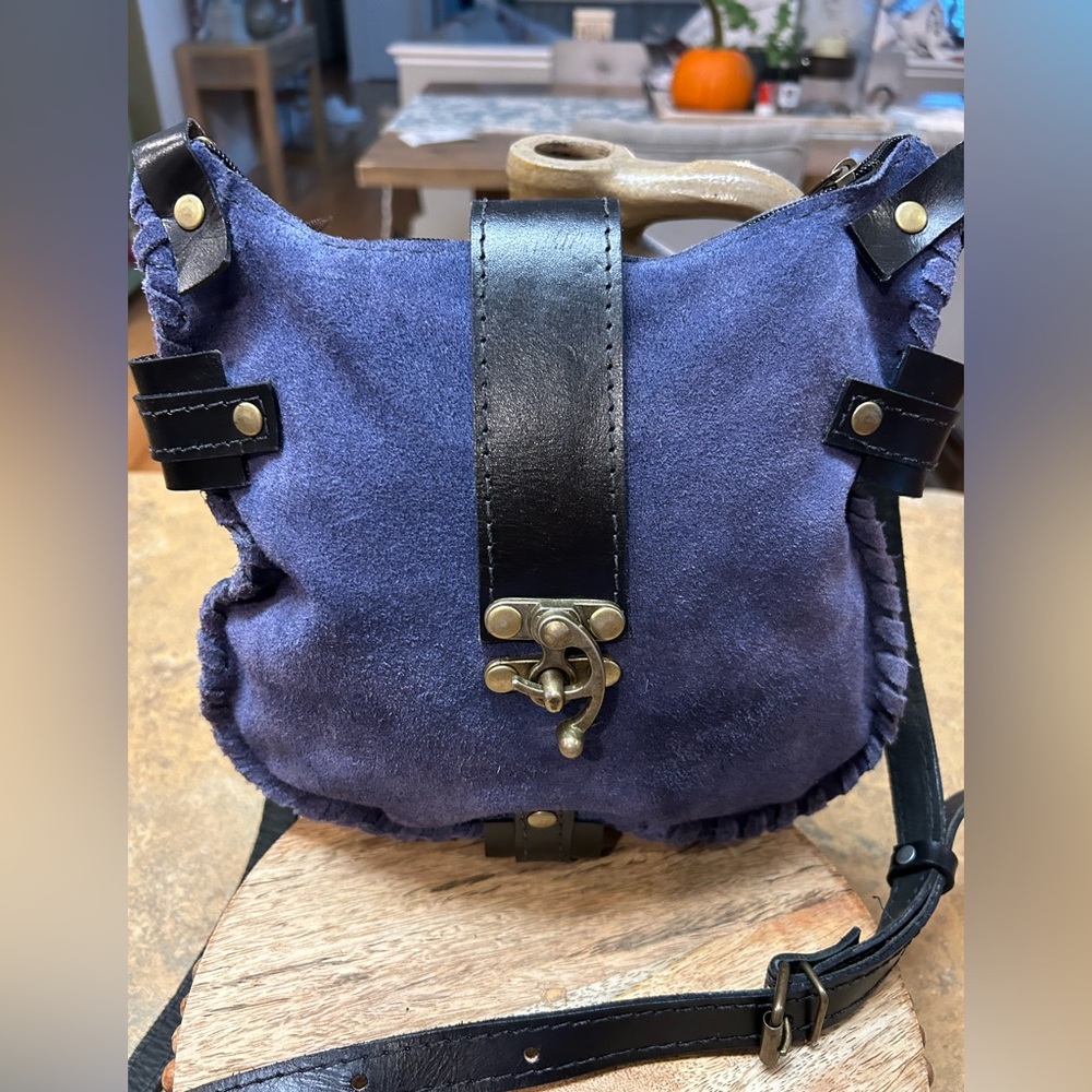 Boho/Western Handmade Distressed Purple Suede and Black Leather Crossbody Bag